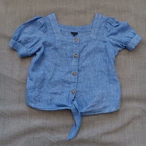 Talbots Blue Square Neck Button Front Shirt with Puff Sleeves and Tie Detail